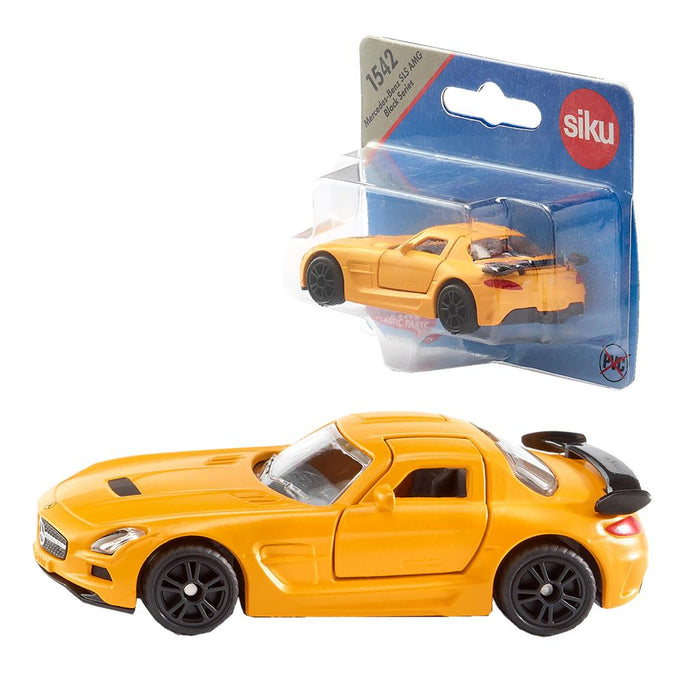 Yellow Mercedes toy car with black spoiler and wheels, shown loose and in its blue Siku blister packaging.