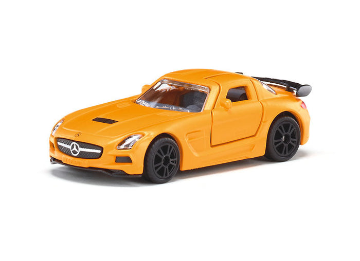 Bright orange Mercedes-Benz SLS AMG toy car with a black rear spoiler and black wheels.