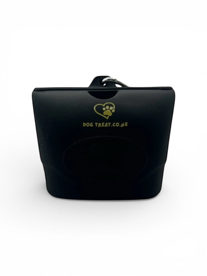 Silicone dog treat pouch from DogTreatNZ with a black clip and open top, designed for easy access during walks or training.