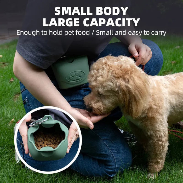 Silicone dog treat pouch from DogTreatNZ with a clip and adjustable strap, designed for easy access during walks.