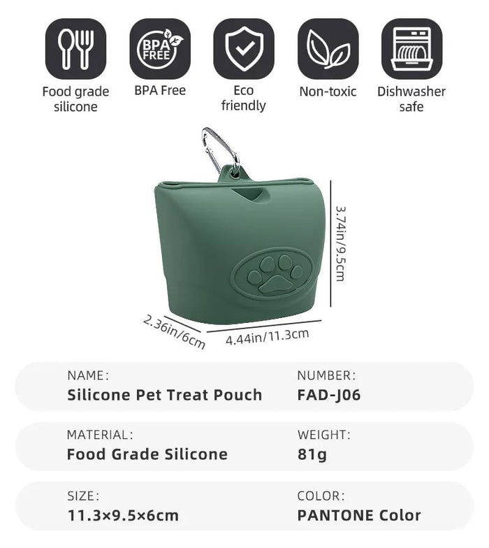 Silicone dog treat pouch by DogTreatNZ with adjustable clip and secure opening, ideal for carrying treats during walks.