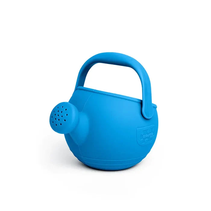 Bright blue spherical silicone watering can with a thick arched handle and small perforated spout.