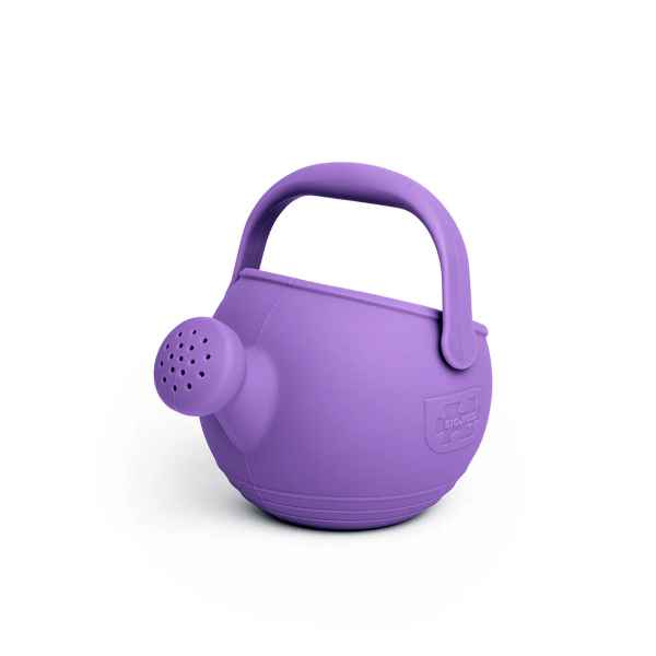 Round purple silicone watering can with a wide handle and sprinkler spout, shown on a white background.