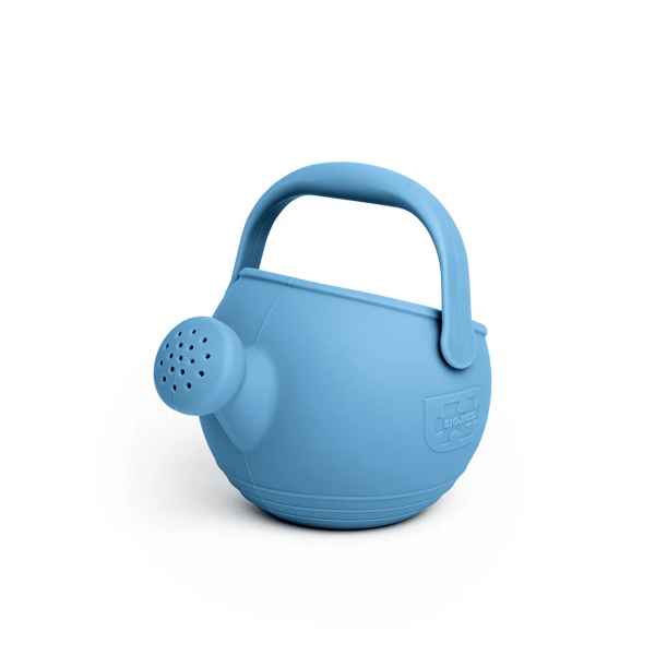 Light blue round silicone watering can with a wide arched handle and perforated spout against a white background.