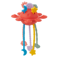 Red saucer-shaped silicone toy with pop-it buttons and colorful textured pull strings ending in star and moon shapes.