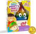 Yellow toy box containing a rainbow-colored poop character with big eyes, cartoon kids, and a gold award seal.