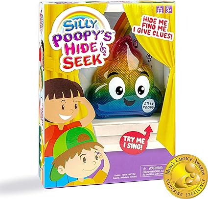 Yellow toy box containing a rainbow-colored poop character with big eyes, cartoon kids, and a gold award seal.