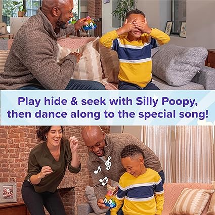 Family plays hide and seek with a rainbow poop-shaped toy, then dances together as it plays music.