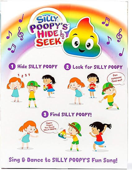 White packaging back showing cartoon kids playing hide and seek with a rainbow poop character under a rainbow arch.
