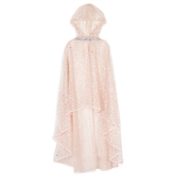 Pale pink hooded sheer cape with shimmering silver stars and a sparkly silver trim around the neck.