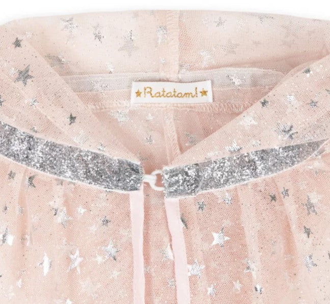 Pink sheer mesh cape with silver stars, glitter trim at the neck, and a white Ratatam brand tag.