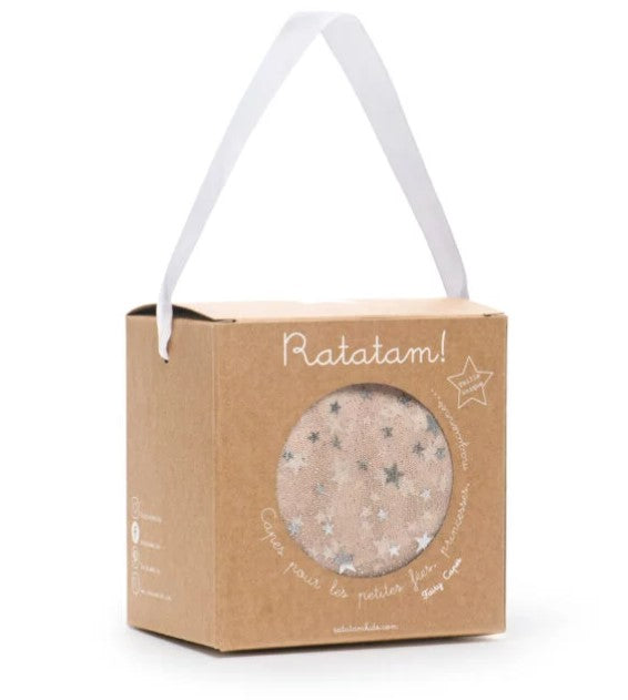 Small brown gift box with white handle and round window showing a blush pink fabric covered in silver stars.