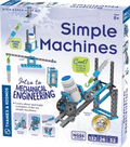 Simple Machines kit box showing blue and gray plastic lever, gear, and pulley models lifting 200g weights.