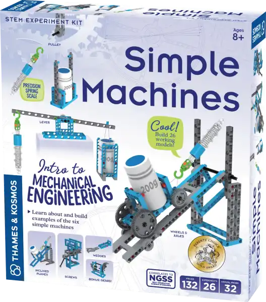 Simple Machines kit box showing blue and gray plastic lever, gear, and pulley models lifting 200g weights.