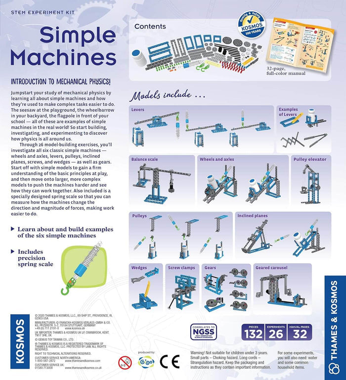 STEM kit product sheet showing blue plastic parts and models of simple machines like gears, pulleys, and levers.