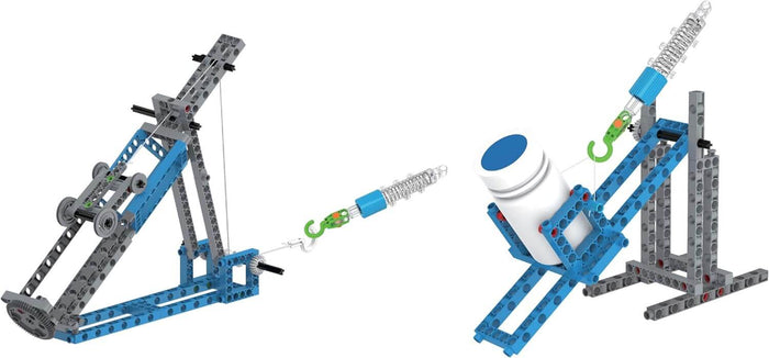 Two blue and grey toy machine models featuring a pulley system and an inclined plane with spring scales.