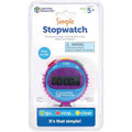 Round blue and purple digital stopwatch in clear packaging with red, yellow, and green buttons on top.