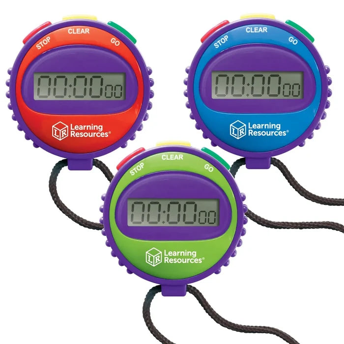 Three round digital stopwatches in red, green, and blue with purple edges, yellow buttons, and black lanyards.