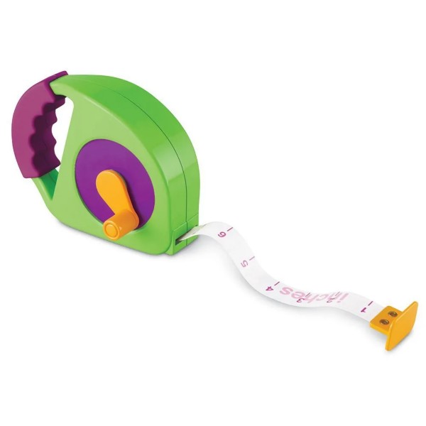 Green and purple toy tape measure with an orange hand crank and a white tape showing large numbered inch markings.