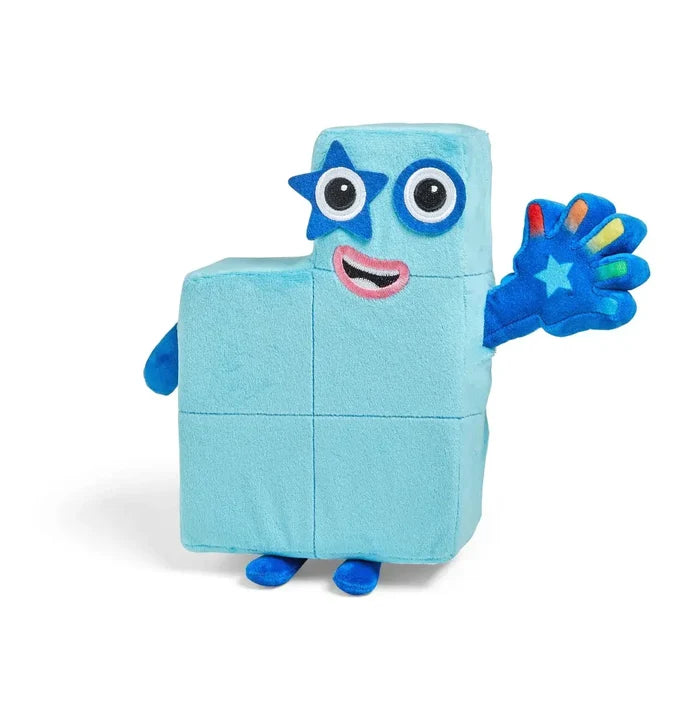 Light blue Numberblock Five plush with a star eye and a waving hand featuring rainbow-colored fingertips.