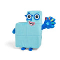 Light blue Numberblock Five plush with a star eye and a waving hand featuring rainbow-colored fingertips.