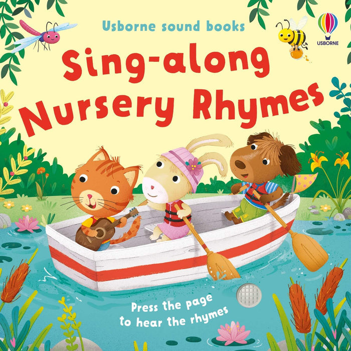 Vibrant sound book cover featuring a cat, rabbit, and dog in a rowboat on a pond with lilies and reeds.