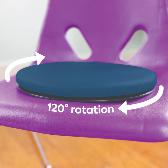Round navy blue cushion on a purple chair with white arrows and text indicating 120-degree rotation.