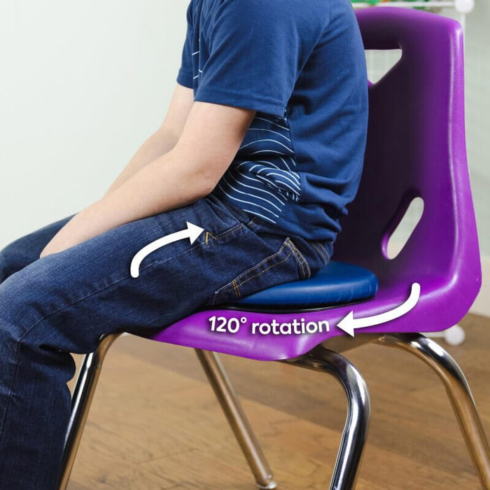 Child on a blue circular swivel cushion on a purple chair. Arrows and text show 120-degree side-to-side rotation.