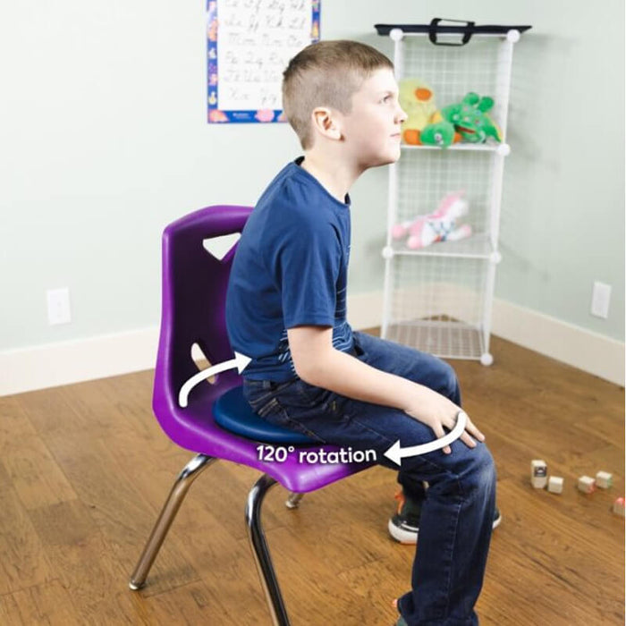 Boy sitting on a blue circular cushion on a purple chair with arrows showing 120-degree rotation.