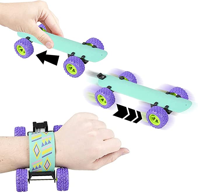 Mint green snap bracelet with purple wheels shown as a pull-back toy skateboard and worn on a wrist.