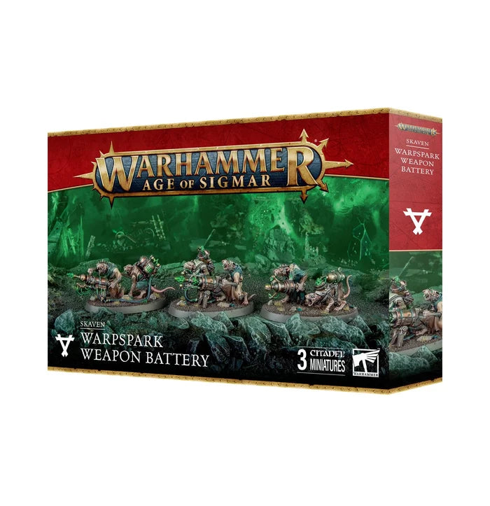 Red box featuring three rat-man miniatures with glowing green cannons on a rocky, misty green background.