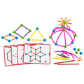 Colorful rods and sphere connectors with activity cards for building 2D and 3D geometric skeletal shapes.