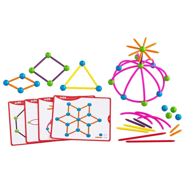Colorful rods and sphere connectors with activity cards for building 2D and 3D geometric skeletal shapes.