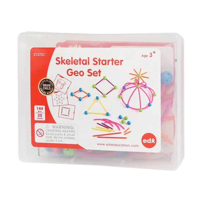 Clear plastic storage box of colorful building rods and ball joints with a white label showing geometric shapes.