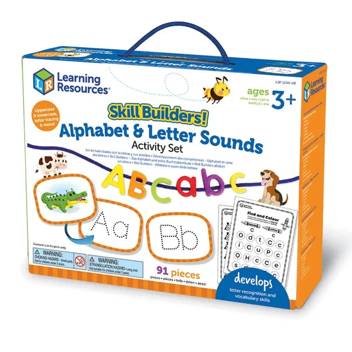 Blue and white toy box with colorful alphabet beads on a string, letter tracing cards, and animal illustrations.