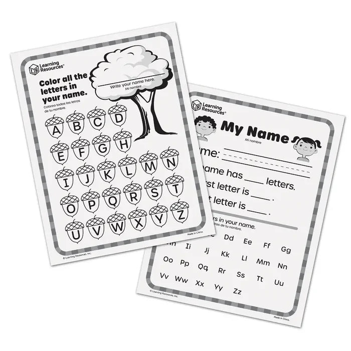 Two black and white alphabet worksheets for kids featuring letter-filled acorns and name writing practice.