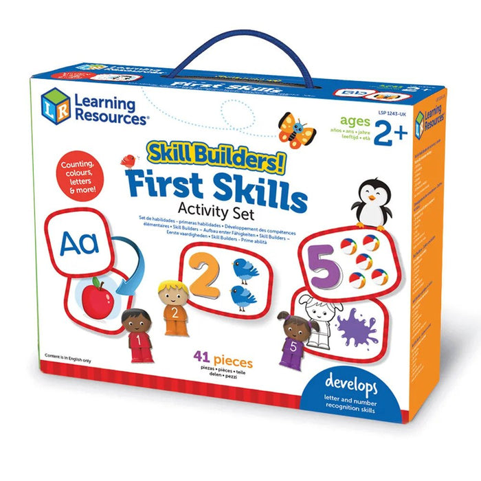 White activity set box with blue handle, featuring colorful letters, numbers, animals, and child figures. For ages 2+.