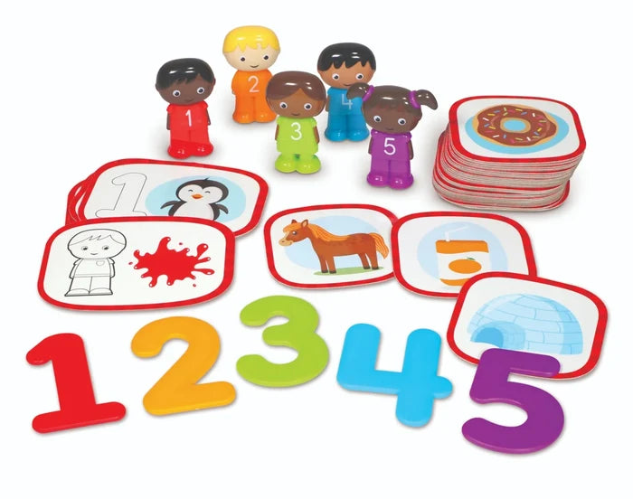 Five numbered child figures, matching large colored numbers 1-5, and various illustrated learning cards.