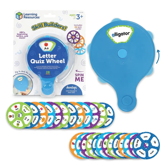 Blue handheld letter wheel toy shown with packaging and 26 colorful, circular discs featuring letters and pictures.