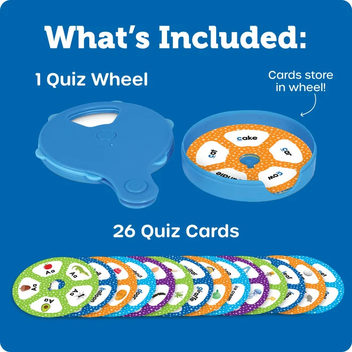 Blue quiz wheel and 26 colorful circular alphabet cards featuring letters and illustrations on a blue background.