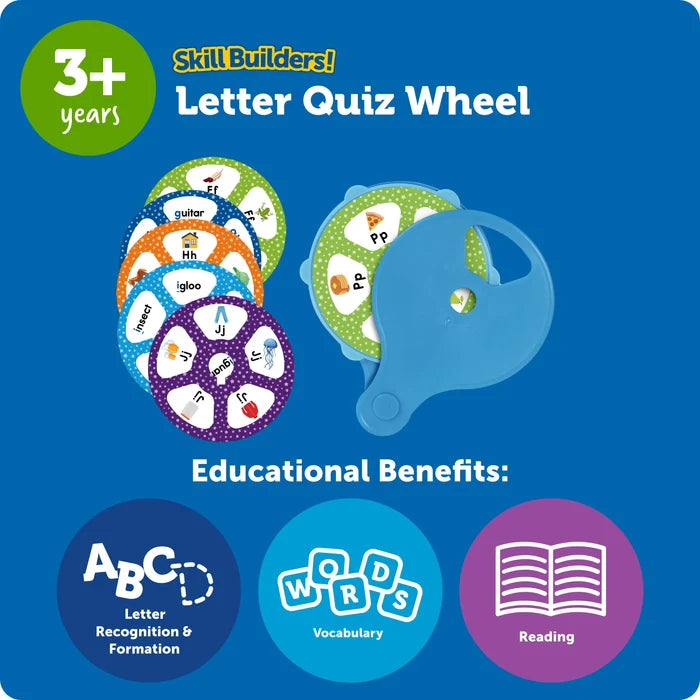 Colorful alphabet discs and a blue handheld viewer tool shown with educational benefit icons on a blue background.