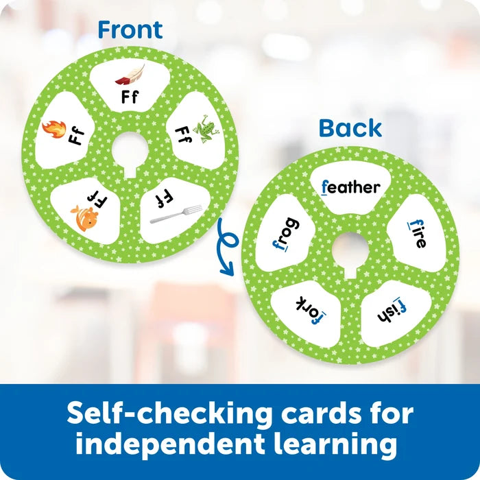 Front and back views of a green star-patterned wheel for the letter F, showing images and their matching words.