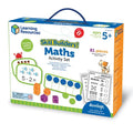 Blue handled box featuring colorful cubes, counters, a ten-frame, and illustrated math activity cards for ages 5+.