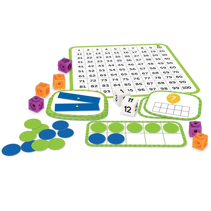 A math activity set with colorful counting cubes, number cards, dice, and a numbered grid for early learning.