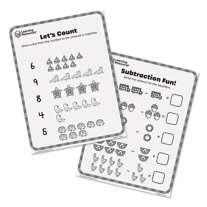 Two black and white math activity sheets for children featuring counting and subtraction with animal illustrations.