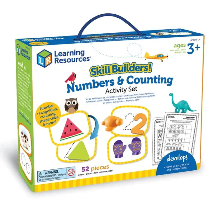 Colorful box for a 52-piece counting set with animal and food illustrations, number cards, and a blue handle.