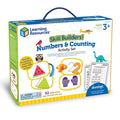 Colorful box for a 52-piece counting set with animal and food illustrations, number cards, and a blue handle.