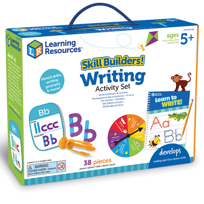 Blue box writing activity kit with colorful plastic letters, an activity spinner wheel, and a practice workbook.