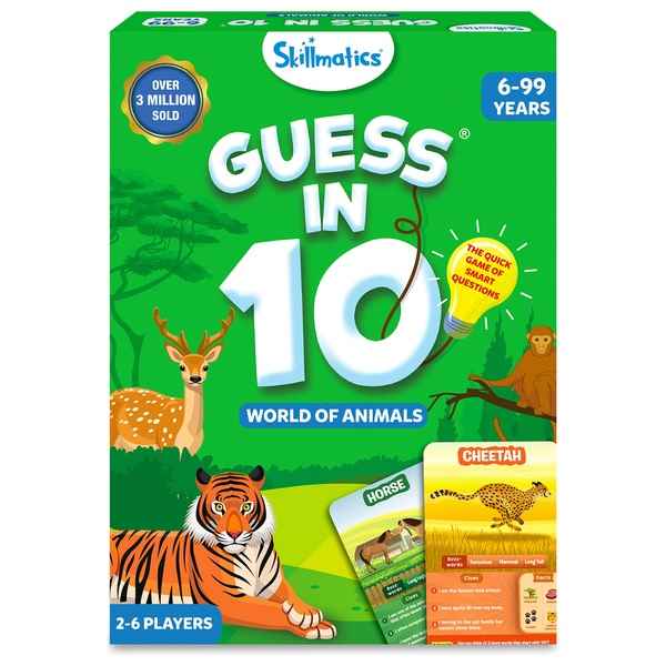 Skillmatics Guess in 10 animal game box featuring a tiger and deer on green background with sample cards.