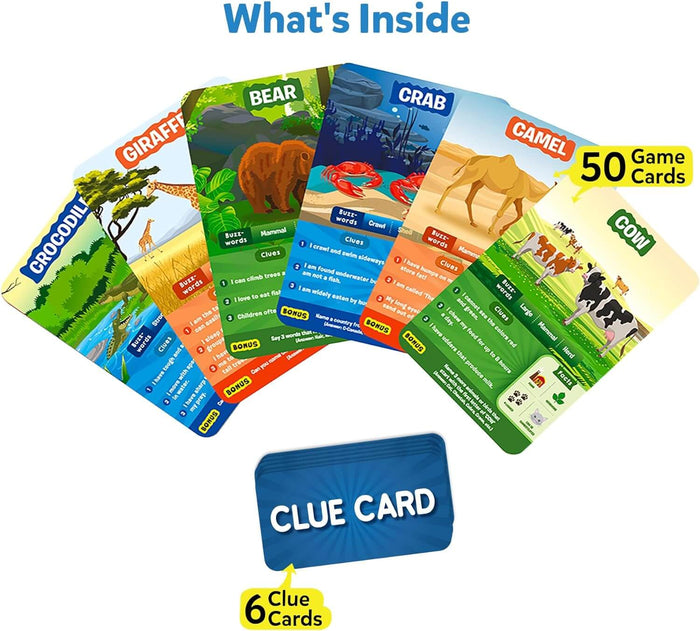 Colorful fanned-out animal game cards for Bear, Giraffe, and Crab above a stack of blue Clue Cards.